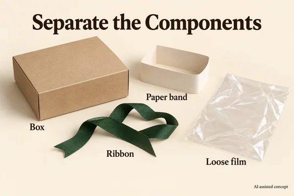AI-assisted concept of a cardboard gift box with a separate paper band, untied ribbon and loose film.
