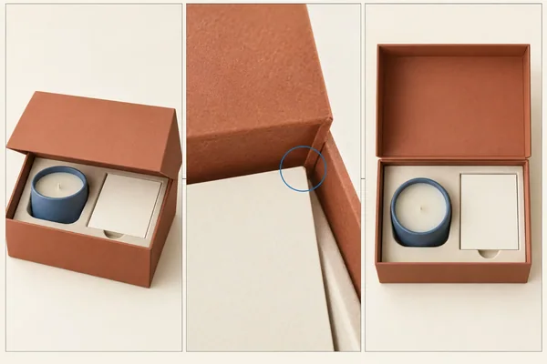 Complete loaded box, enlarged lid/contact corner and overhead arrangement show three related views.