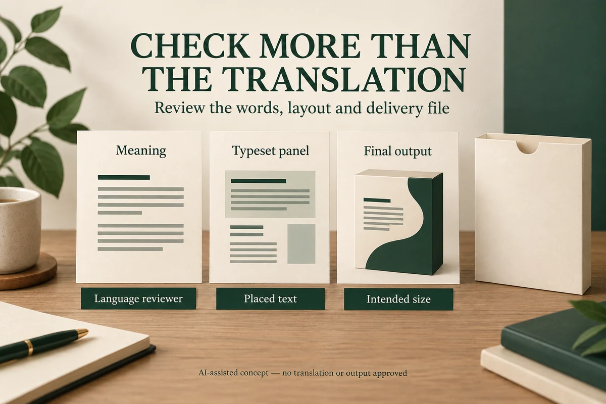 Abstract wording, typeset-panel and final-output review cards beside a plain package.