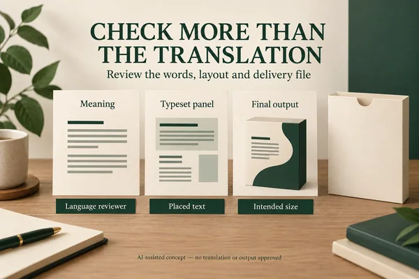 Abstract wording, typeset-panel and final-output review cards beside a plain package.