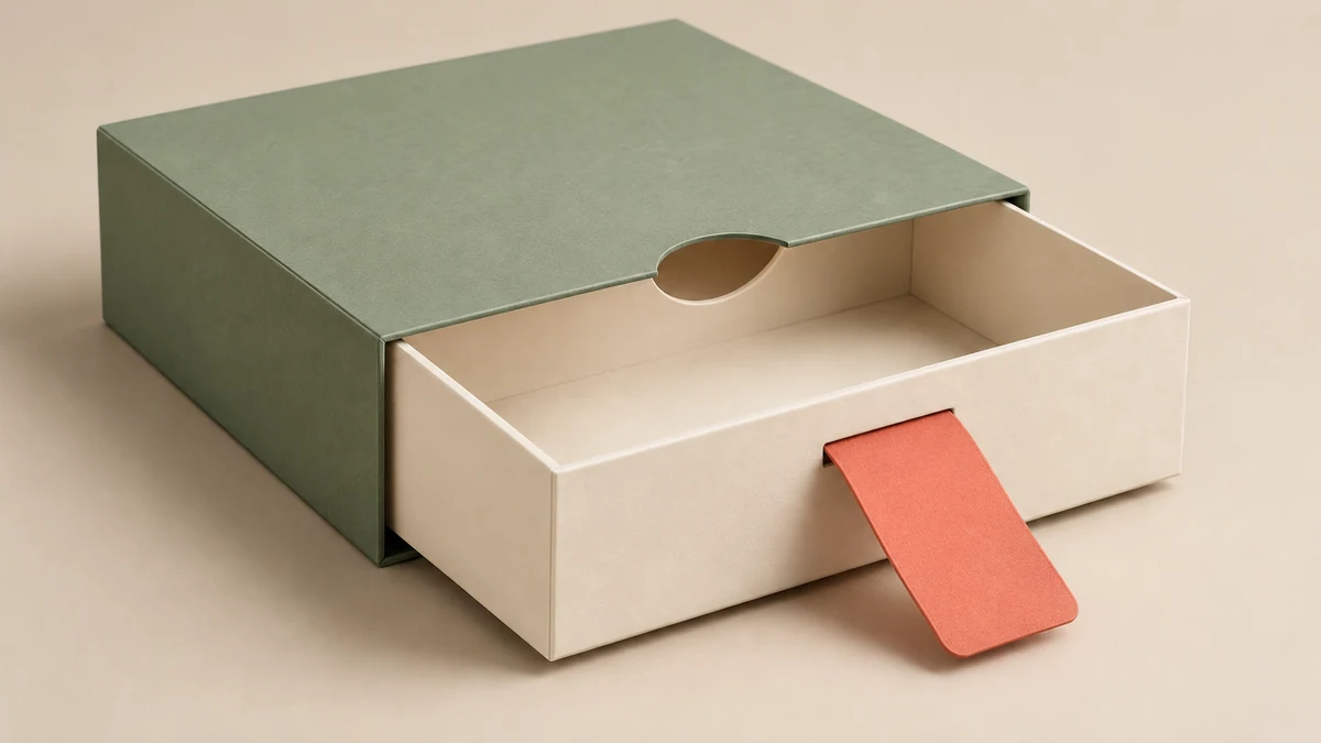 Partly opened drawer gift box with a broad paper pull and a finger cutout.