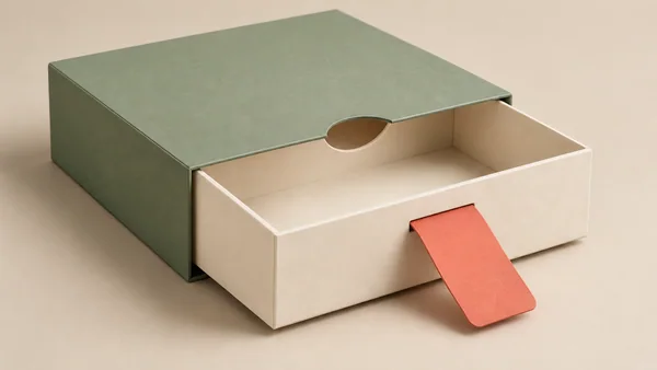 Partly opened drawer gift box with a broad paper pull and a finger cutout.