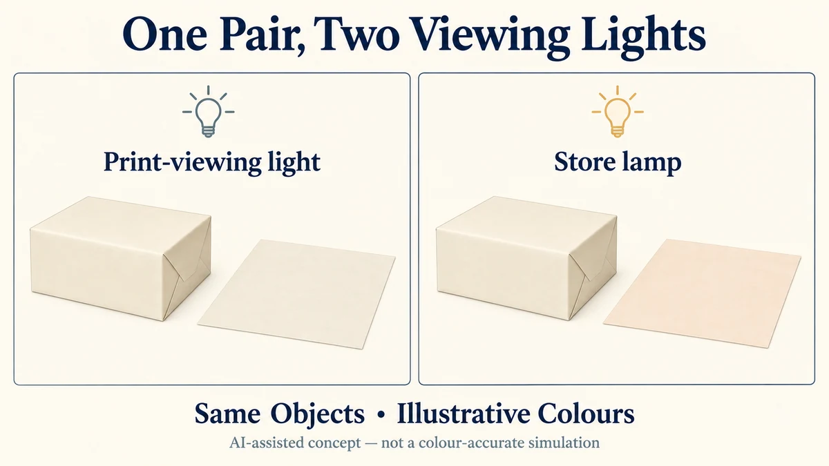 AI-assisted comparison of one hypothetical cream-wrapped closed gift box and flat tissue sheet under a print-viewing light and store lamp; geometry and arrangement remain consistent.