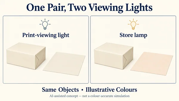 AI-assisted comparison of one hypothetical cream-wrapped closed gift box and flat tissue sheet under a print-viewing light and store lamp; geometry and arrangement remain consistent.