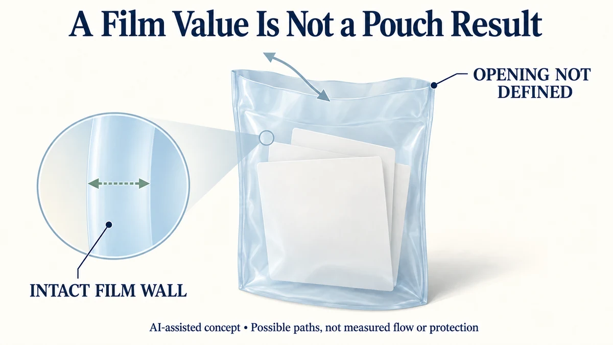AI-assisted hypothetical translucent pouch with near-white care cards, an intact-front-film magnification and a separate undefined-mouth path.