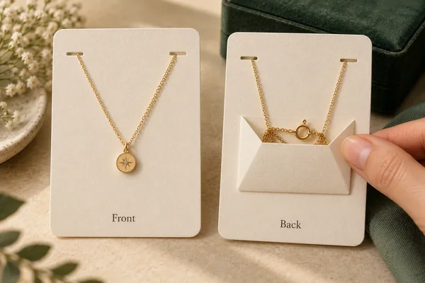 Front and rear necklace-card concepts show the pendant, rear chain pocket and accessible clasp