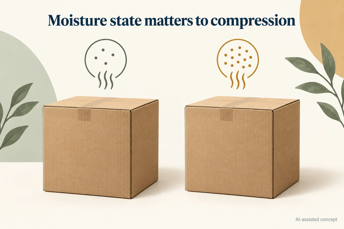 AI-assisted concept. Identical hypothetical cartons have different unnumbered moisture-state symbols; no strength difference or environmental setting is measured.