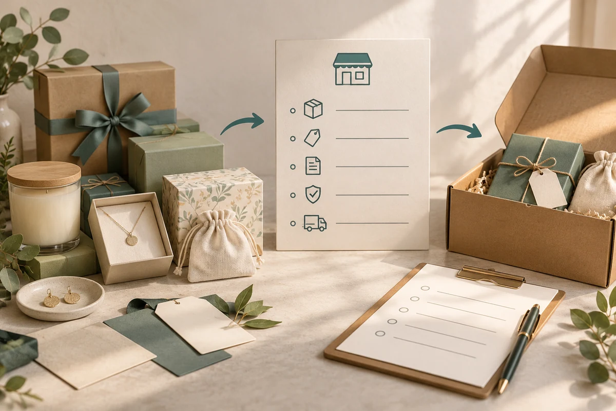 Existing gift stock compared with a fictional retailer requirement card and another packing proposal