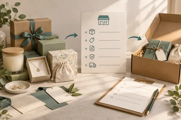 Existing gift stock compared with a fictional retailer requirement card and another packing proposal