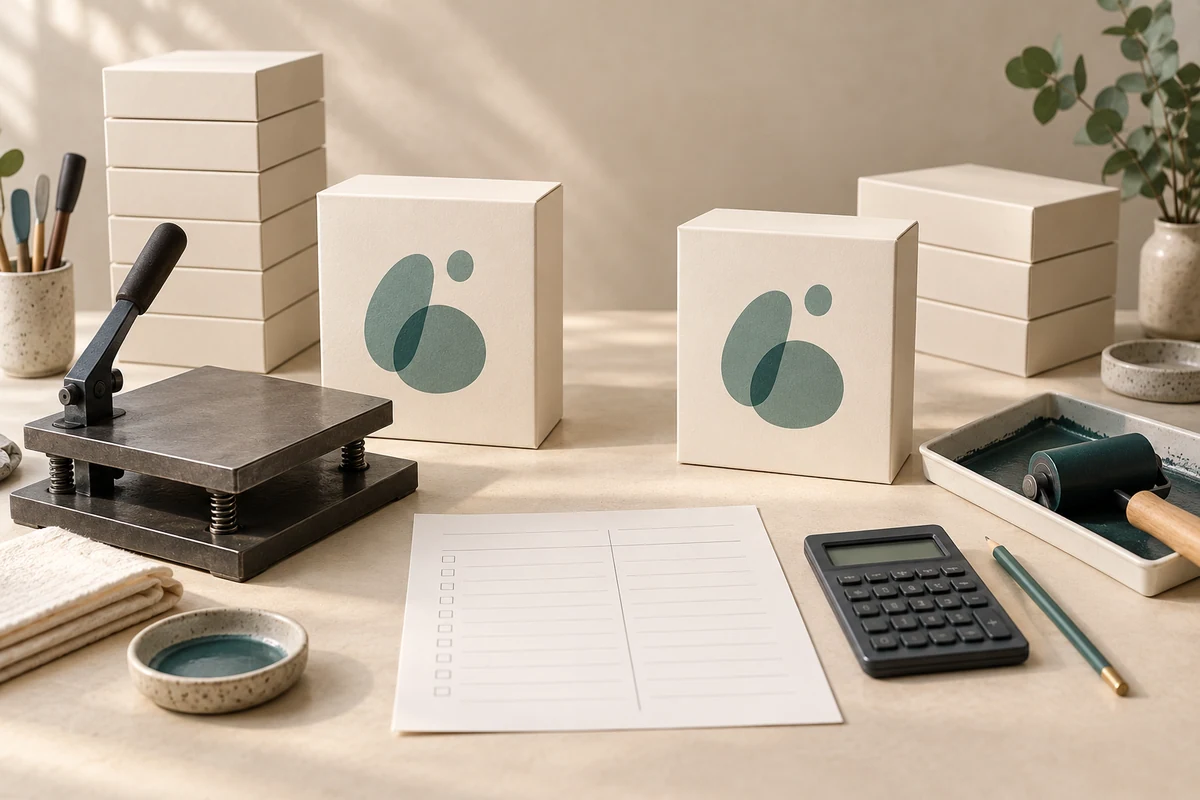 Two printed cream box proposals beside a small press, ink roller and calculator