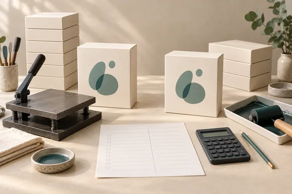 Two printed cream box proposals beside a small press, ink roller and calculator