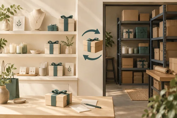 Retail shelves and a backroom storage area linked by arrows around a gift box