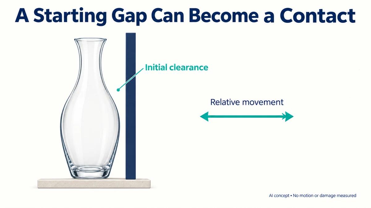 AI-assisted hypothetical product and wall clearance; static separation alone does not establish the response during movement.