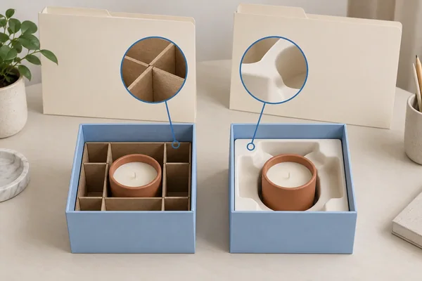 Two same-product boxes use visibly different divider and contoured-holder constructions, each with its own blank reference folder.