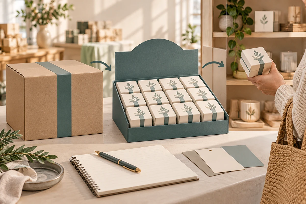 Closed shipping case, opened retail display case and one gift pack shown as a conceptual transition