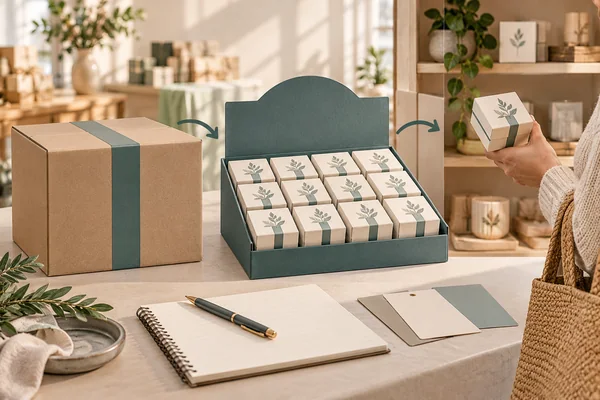 Closed shipping case, opened retail display case and one gift pack shown as a conceptual transition