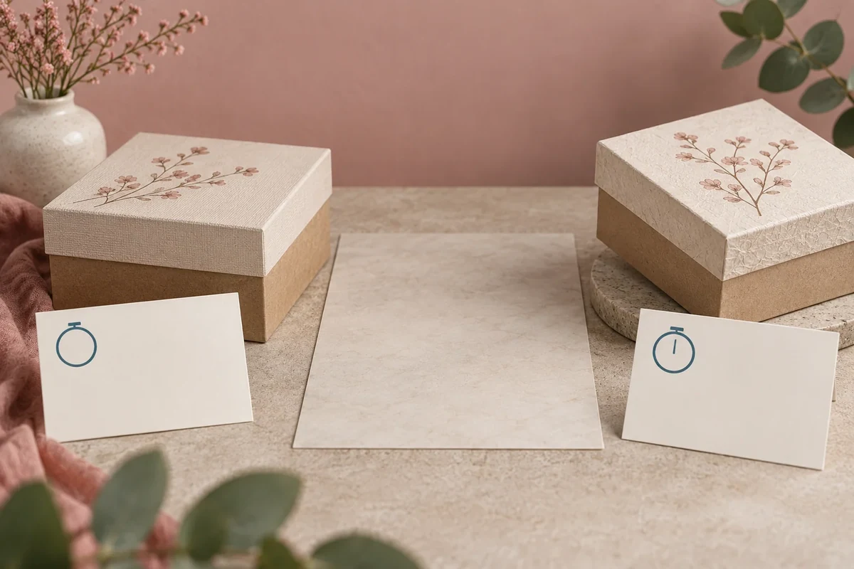 Two packaging-sample concepts sit beside blank time-reference cards and an empty comparison sheet.