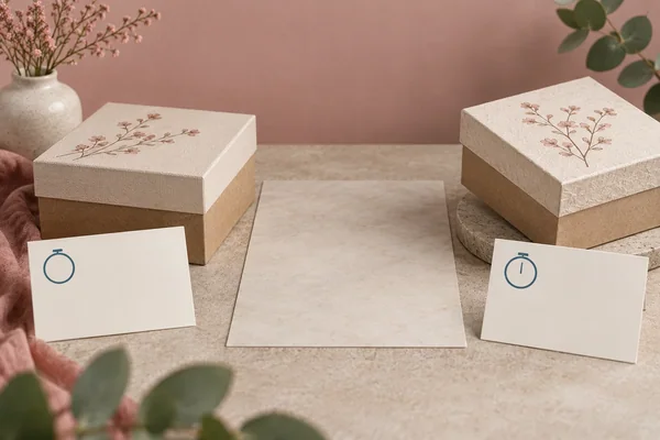 Two packaging-sample concepts sit beside blank time-reference cards and an empty comparison sheet.