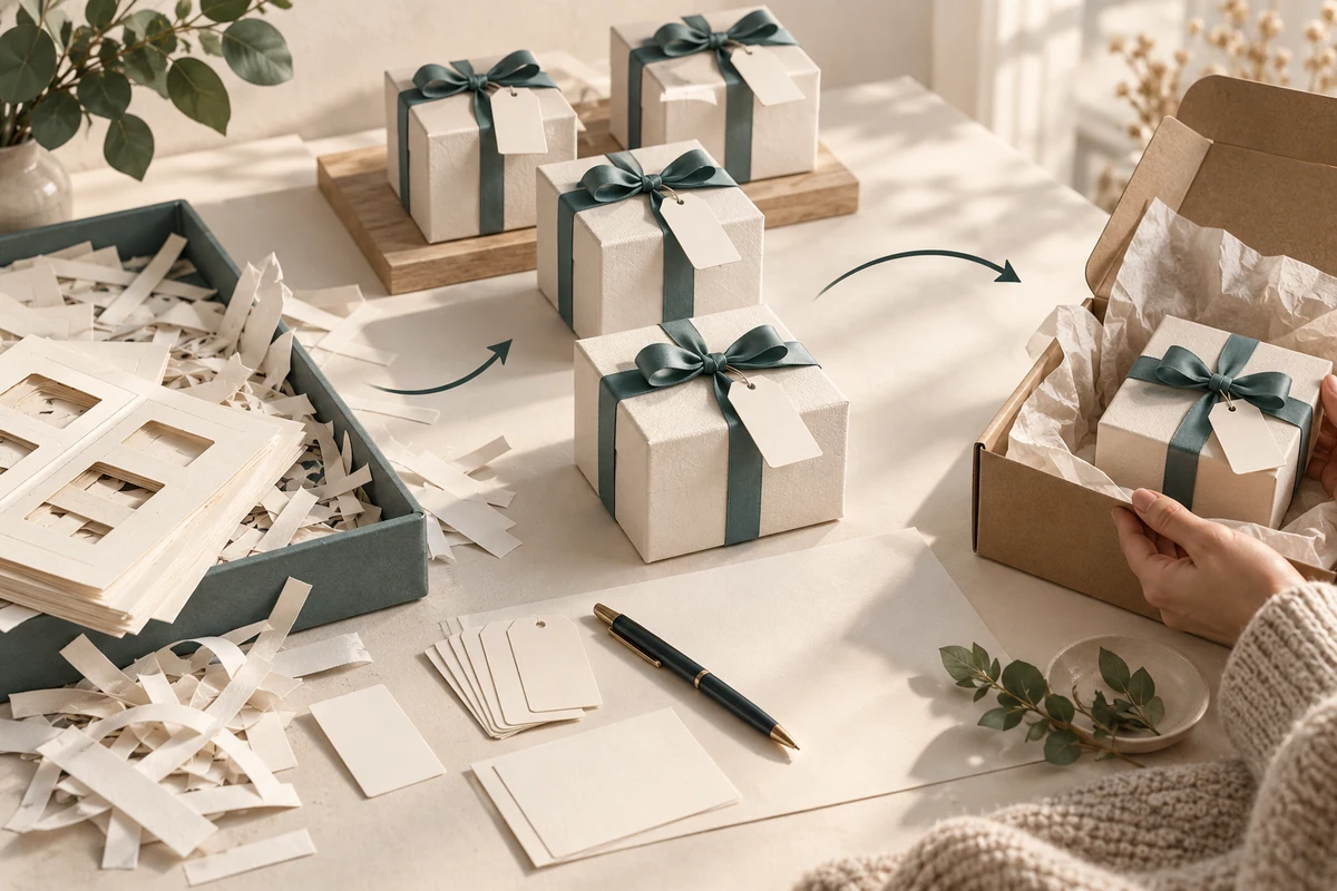 Ribboned gifts with blank hanging tags beside paper offcuts and a gift being packed into a carton