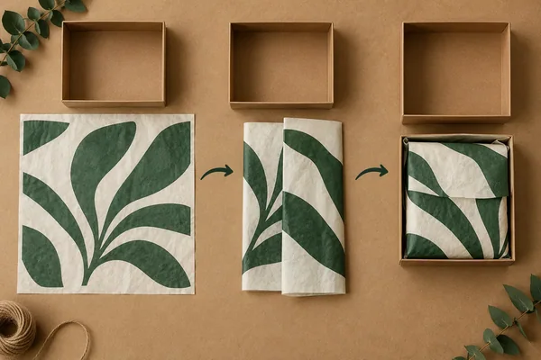 Printed tissue moves from flat sheet to folded strip and wrapped box, with motif position changing.
