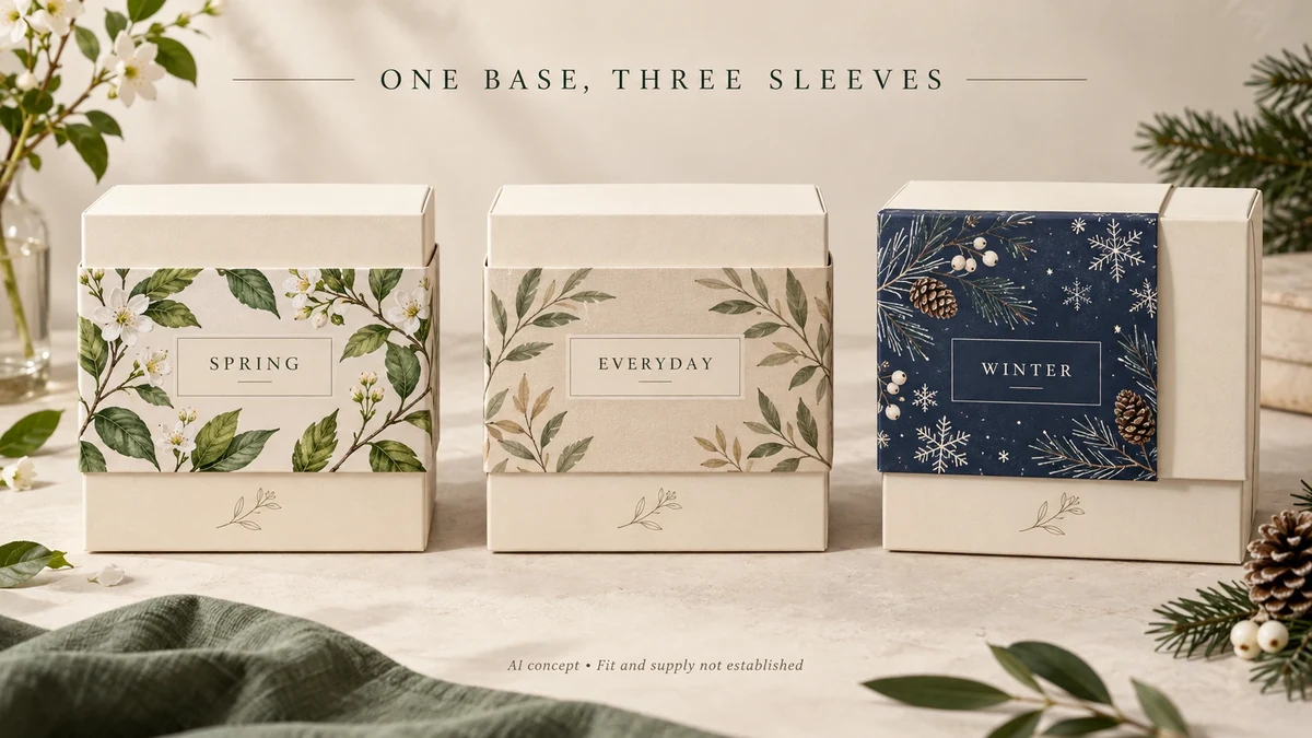 AI concept of identical cream gift boxes with separate spring, everyday and winter sleeves, with one sleeve partly withdrawn.