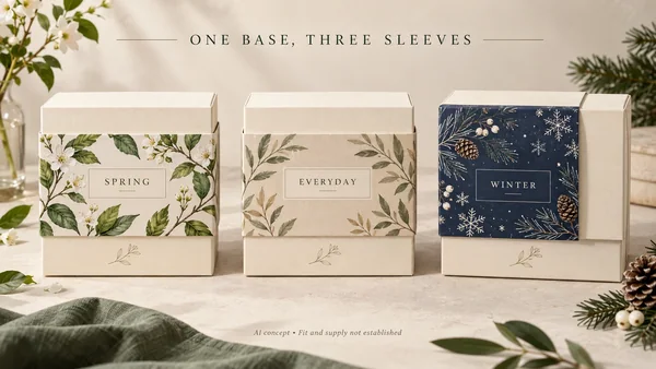 AI concept of identical cream gift boxes with separate spring, everyday and winter sleeves, with one sleeve partly withdrawn.