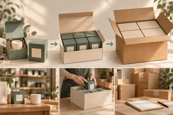 Retail candle gift, open inner pack grouping six retail gifts, and master carton containing four complete closed inner packs
