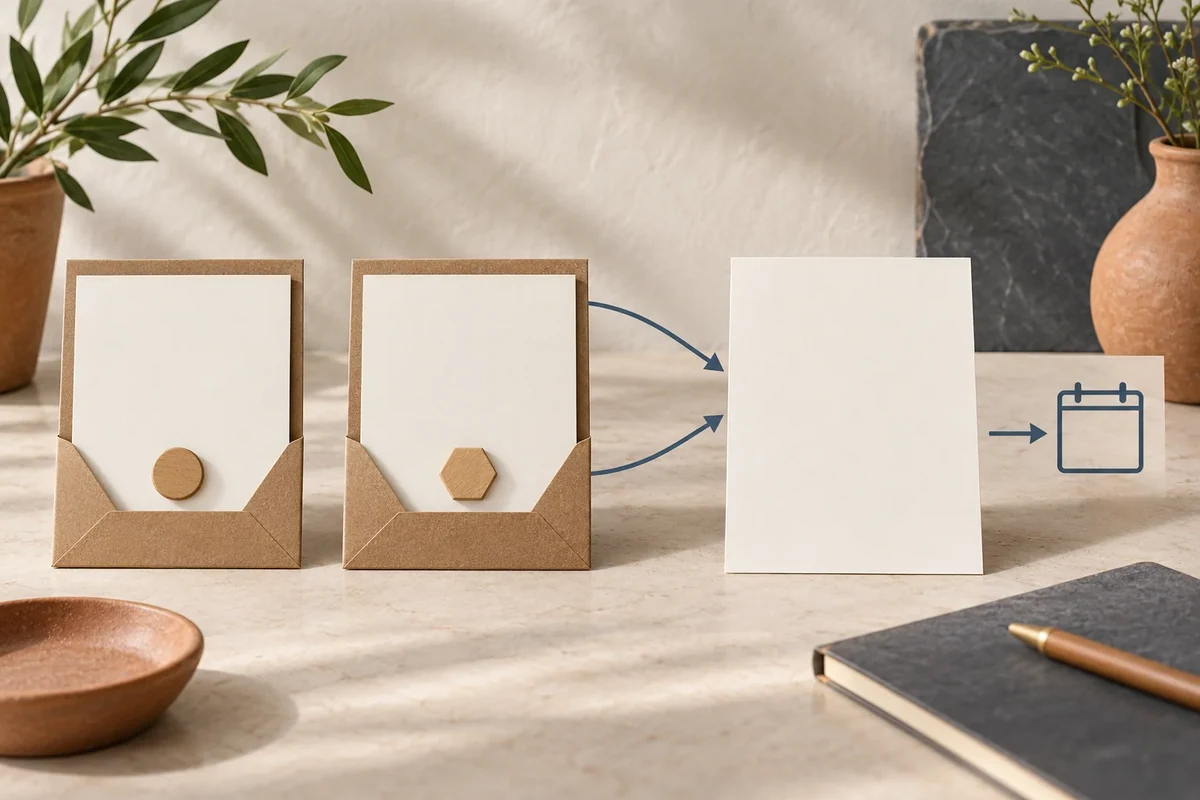 Two proposal folders with different symbolic tokens feed a blank comparison record beside a date symbol.