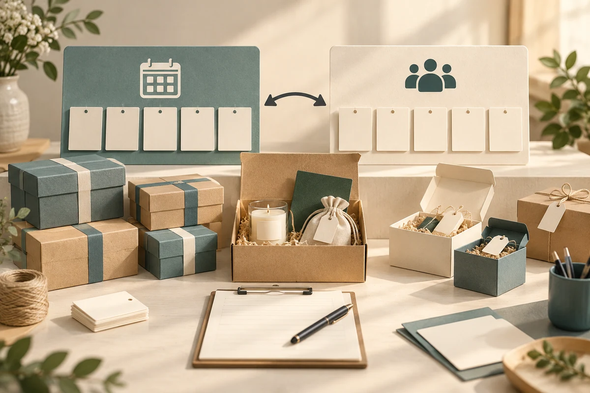 Gift stock in front of calendar and audience icons with blank hanging cards on both sides