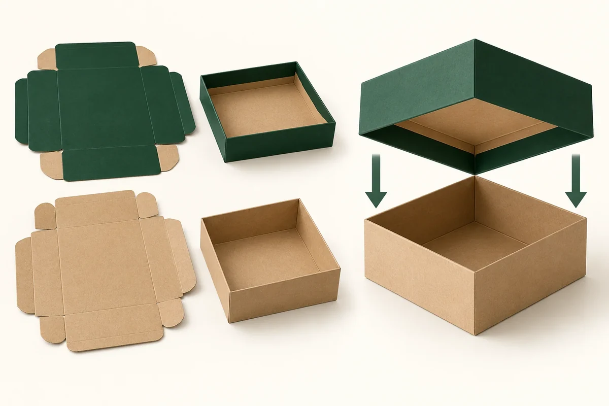Separate lid and base blanks sit beside their formed wall views and a paired lid-over-base arrangement.
