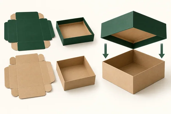 Separate lid and base blanks sit beside their formed wall views and a paired lid-over-base arrangement.