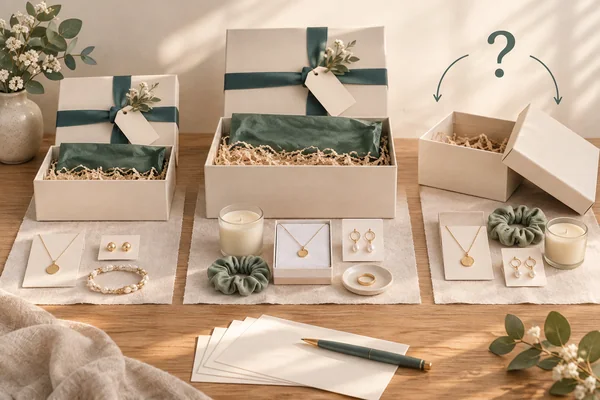 Two gift-box sizes and different product combinations beside an unresolved option marked with a question mark