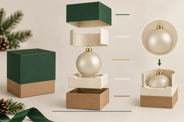 Exploded lid, neck, ornament and holder align beside a closed pack and loaded display-height view.