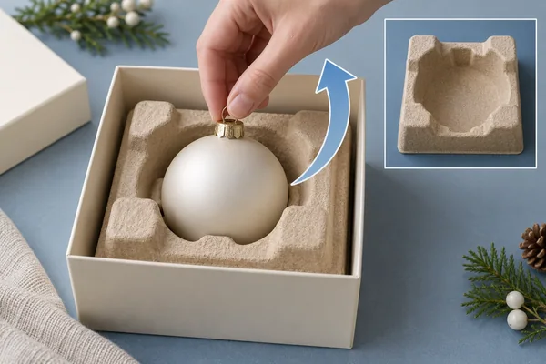 A hand proposes an upward grip on an ornament in an installed formed-fiber cavity, with loose-holder inset.