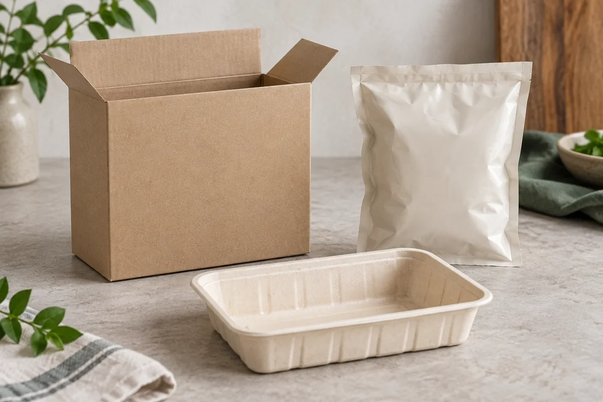 An unbranded carton, inner pouch and tray arranged as separate concept components.