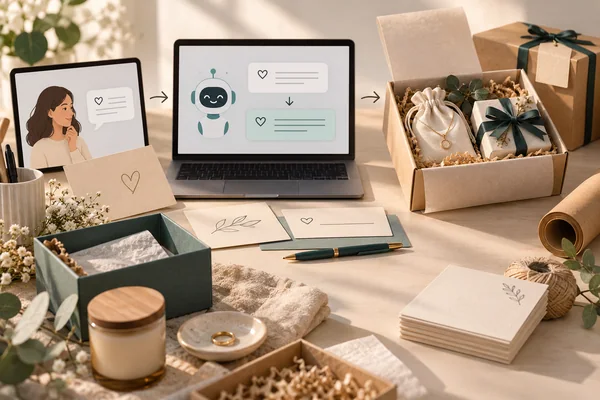 Gift cards and prepared packaging beside two order-information screens