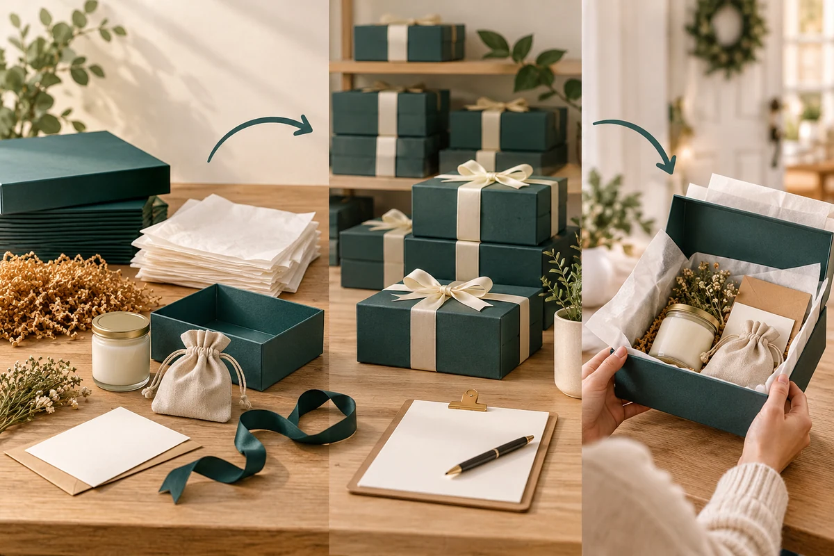 Flat packaging components, formed-box stock and a gift being loaded