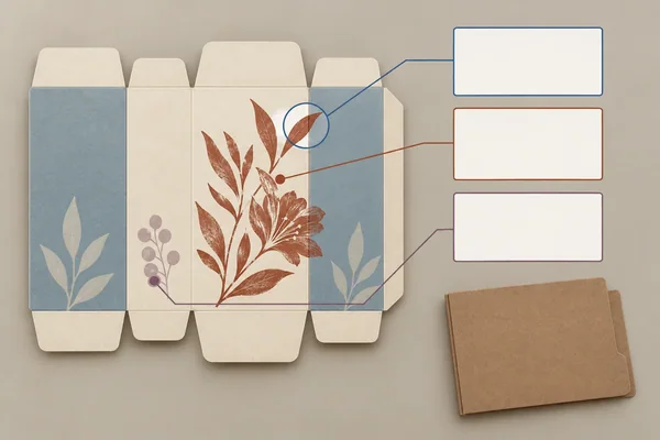 Three artwork locations on a flat carton connect to distinct blank panel-release fields.