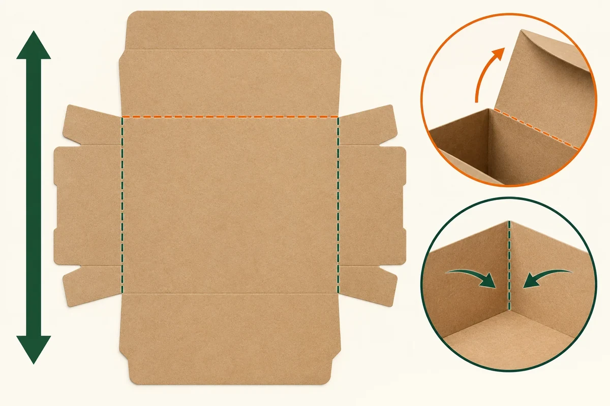 Carton-blank concept with a direction arrow and enlarged fold views