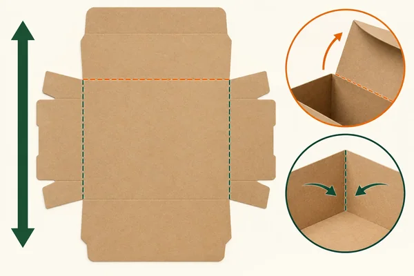 Carton-blank concept with a direction arrow and enlarged fold views