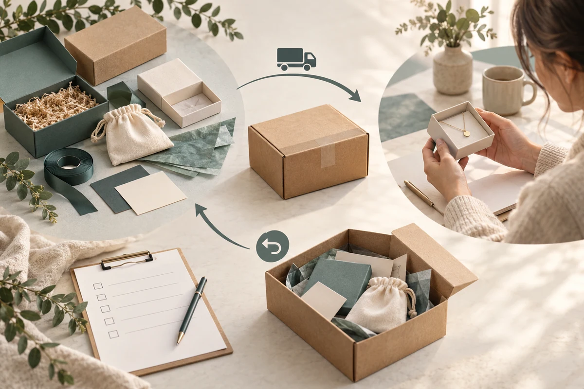Packaging components and a necklace sample around shipping cartons with outward and return arrows