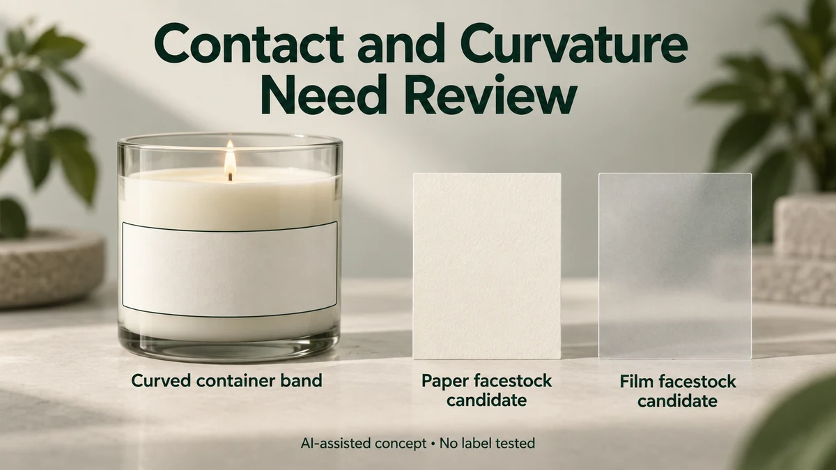 AI-assisted conceptual curved candle-container label band with separate paper and film facestock candidates, neither tested.