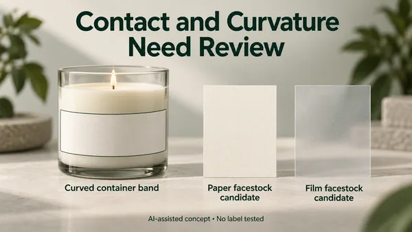 AI-assisted conceptual curved candle-container label band with separate paper and film facestock candidates, neither tested.