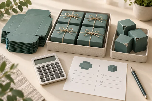 Green gift boxes with intact surfaces in one tray beside visibly torn boxes in another