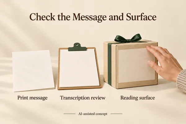 Concept separates print-message, transcription-review and physical reading-surface questions for a gift carton.