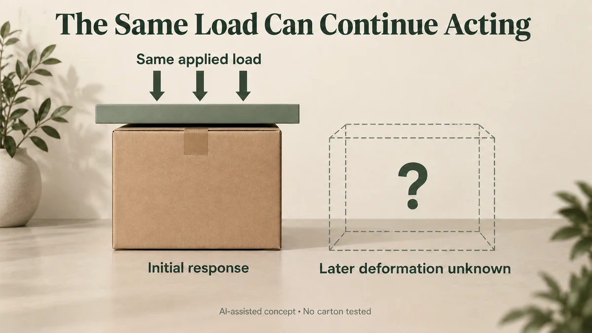 AI-assisted hypothetical carton under an unchanged vertical load, with initial geometry and later deformation left unknown.