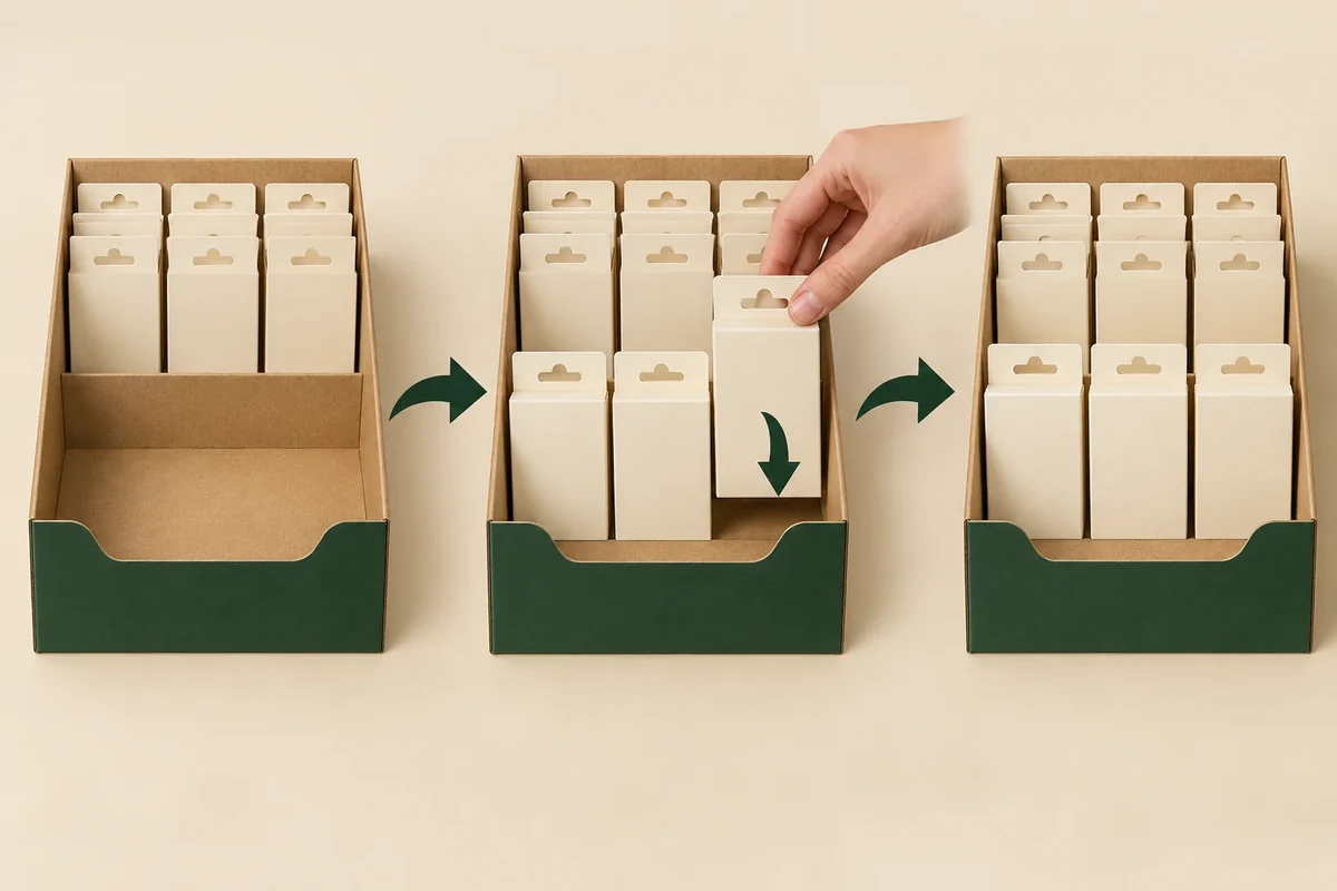 A staff hand refills an empty gap in a partly stocked display between starting and completed layouts.