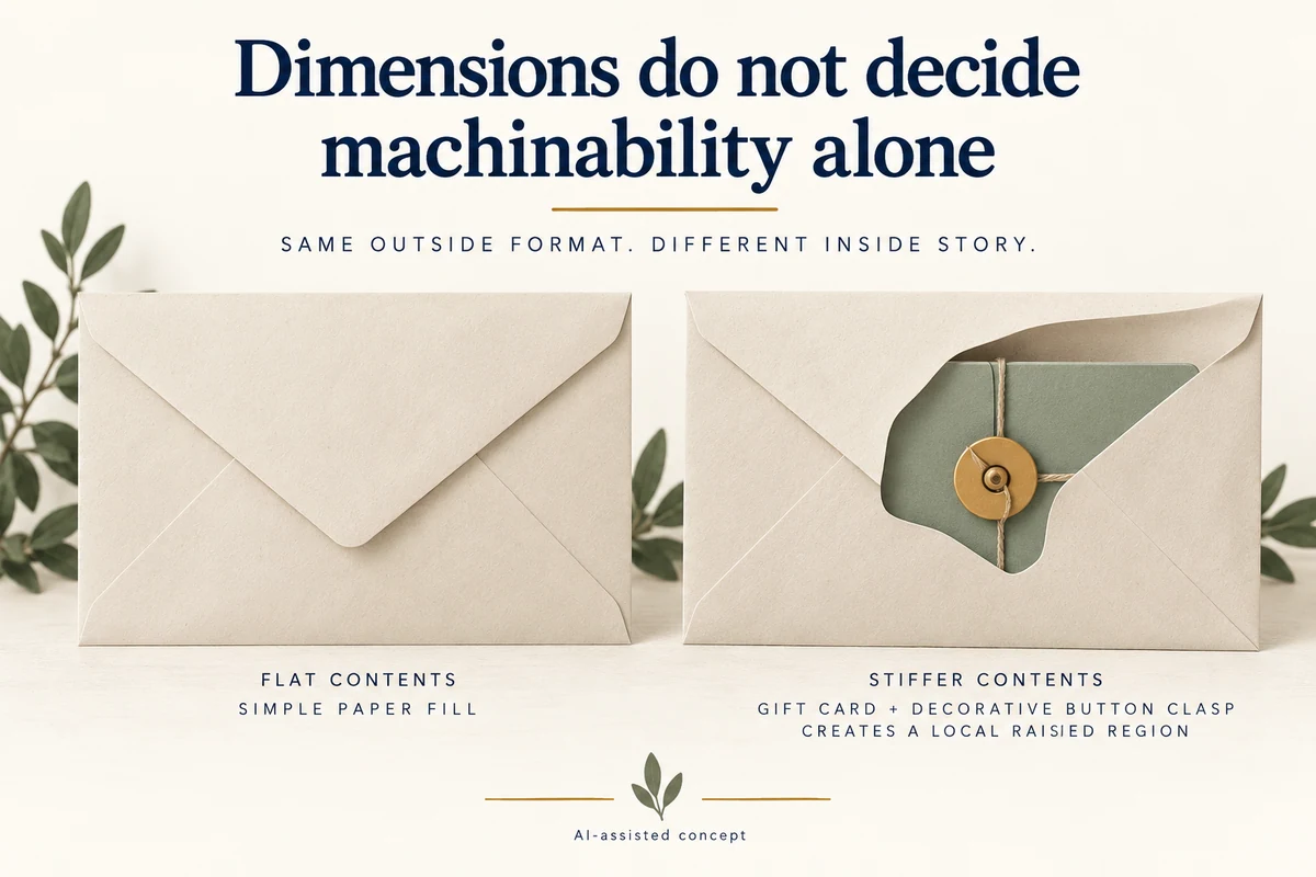 AI-assisted concept. Hypothetical paper-envelope concepts show different contents and closures; no actual classification, mailability or postage is assigned.