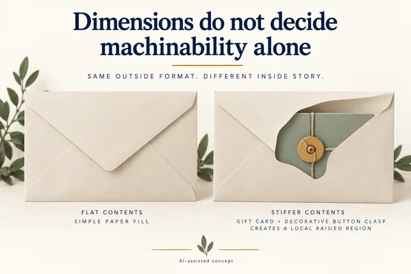 AI-assisted concept. Hypothetical paper-envelope concepts show different contents and closures; no actual classification, mailability or postage is assigned.