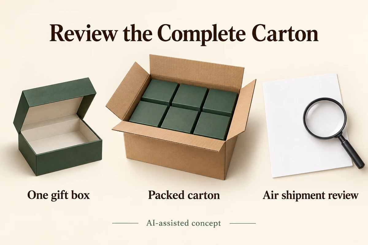 AI-assisted concept comparing one gift box with a packed shipping carton and a separate air-shipment review.